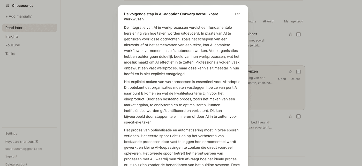 Automatische samenvatting van een artikel in ClipCoconut